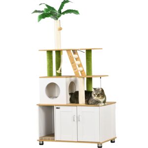 Pawhut - 2-in-1 Hidden Litter Box with Green Leaf Cat Tree, Indoor - Oak Pawhut - 2-in-1 Hidden Litter Box with Green Leaf Cat Tree, Indoor - Oak