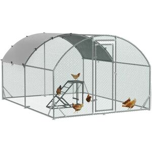 Walk In Chicken Run with Chicken Activity Shelf and Cover, 2.8 x 3.8 x 2m - Silver - Pawhut Walk In Chicken Run with Chicken Activity Shelf and Cover, 2.8 x 3.8 x 2m - Silver - Pawhut