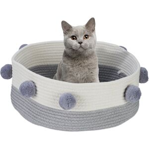 Relaxdays Cat Bed, Cotton Basket, Woven, Comfortable, Play Pom Poms, House, Den, Pet, Nest, HxD 16.5 x 41 cm, Grey/White Relaxdays Cat Bed, Cotton Basket, Woven, Comfortable, Play Pom Poms, House, Den, Pet, Nest, HxD 16.5 x 41 cm, Grey/White
