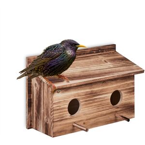 Relaxdays Nesting Box for Starlings, Flamed Wood, 2 Entrances Ø5 cm, Perch, Bird House to Hang, HWD: 22x35x18cm, Natural Relaxdays Nesting Box for Starlings, Flamed Wood, 2 Entrances Ø5 cm, Perch, Bird House to Hang, HWD: 22x35x18cm, Natural