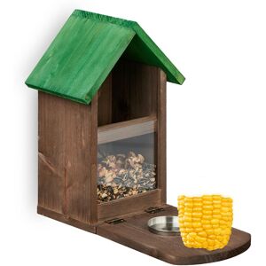 Squirrel Feeder, Wooden, Nut & Seed Silo with Corn Cob Holder, Feeding Platform, Water Bowl, Brown/Green - Relaxdays Squirrel Feeder, Wooden, Nut & Seed Silo with Corn Cob Holder, Feeding Platform, Water Bowl, Brown/Green - Relaxdays