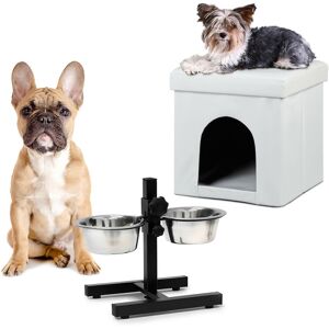 RELAXDAYS 2-piece set Home Sweet Dog Deluxe M, white dog house, stool with pet den, adjustable double bowl, feeding station RELAXDAYS 2-piece set Home Sweet Dog Deluxe M, white dog house, stool with pet den, adjustable double bowl, feeding station