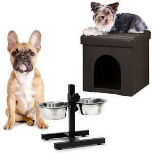 RELAXDAYS 2-piece set Home Sweet Dog Deluxe M, brown dog cube, pet stool with cave, height-adjustable double bowl, feeding station RELAXDAYS 2-piece set Home Sweet Dog Deluxe M, brown dog cube, pet stool with cave, height-adjustable double bowl, feeding station