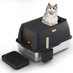 Ymyny - Stainless Steel Litter Box with Lid, Front Entry Top Exit Litter Box, Extra Large Enclosed Metal Litter Box with Scoop and Litter Mat - Black Ymyny - Stainless Steel Litter Box with Lid, Front Entry Top Exit Litter Box, Extra Large Enclosed Metal Litter Box with Scoop and Litter Mat - Black