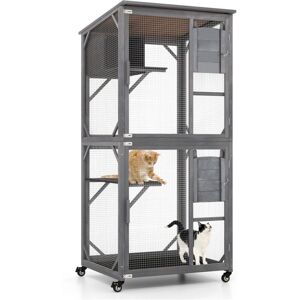 COSTWAY Wooden Cat House Kitten Cage Enclosure on Wheels w/Asphalt Roof 2 Platforms COSTWAY Wooden Cat House Kitten Cage Enclosure on Wheels w/Asphalt Roof 2 Platforms