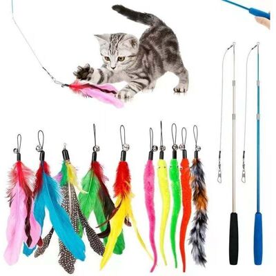 TORMATOR 12-Piece Feather Cat Toy Set, Cat Fishing Rod Toy with 2 Interactive Retractable Rods, 10 Replacement Feathers with Pendants, Telescopic Perch Toy TORMATOR 12-Piece Feather Cat Toy Set, Cat Fishing Rod Toy with 2 Interactive Retractable Rods, 10 Replacement Feathers with Pendants, Telescopic Perch Toy