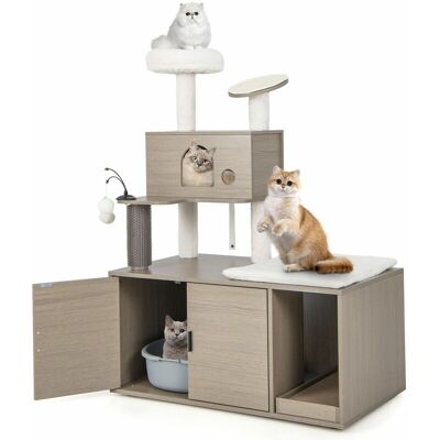 Costway - Cat Tree Litter Box Enclosure 2-in-1 Cat Tower w/ Cat Condo Scratching Board Costway - Cat Tree Litter Box Enclosure 2-in-1 Cat Tower w/ Cat Condo Scratching Board