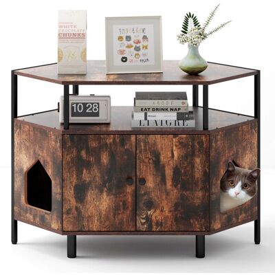 Costway - Corner Cat Litter Box Enclosure Cat House Cabinet Hidden Kitten Washroom-Coffee Costway - Corner Cat Litter Box Enclosure Cat House Cabinet Hidden Kitten Washroom-Coffee