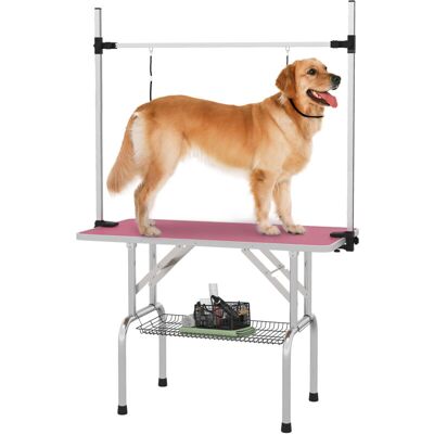 Pawhut - Metal Adjustable Dog Grooming Table Rubber Top 2 Safety Slings Mesh Pink Pawhut - Metal Adjustable Dog Grooming Table Rubber Top 2 Safety Slings Mesh Pink