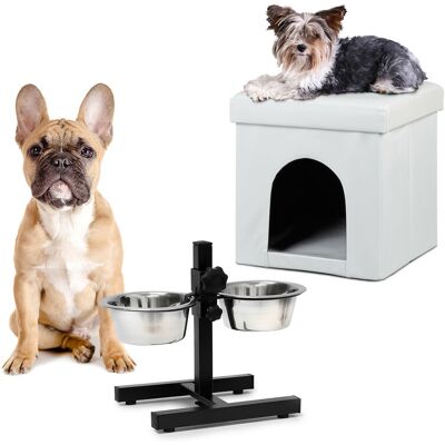 RELAXDAYS 2-piece set Home Sweet Dog Deluxe M, white dog house, stool with pet den, adjustable double bowl, feeding station RELAXDAYS 2-piece set Home Sweet Dog Deluxe M, white dog house, stool with pet den, adjustable double bowl, feeding station