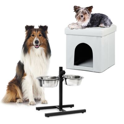 RELAXDAYS 2-piece set Home Sweet Dog Deluxe L, white dog house, stool with pet den, height-adjustable double bowl, feeding station RELAXDAYS 2-piece set Home Sweet Dog Deluxe L, white dog house, stool with pet den, height-adjustable double bowl, feeding station