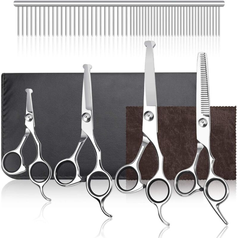 IKODM 5-Piece Dog Grooming Scissors Set, Professional 4.5-6.5 Inch Stainless Steel Grooming Scissors with Hair Clipper Comb for Dog/Cat/Rabbit