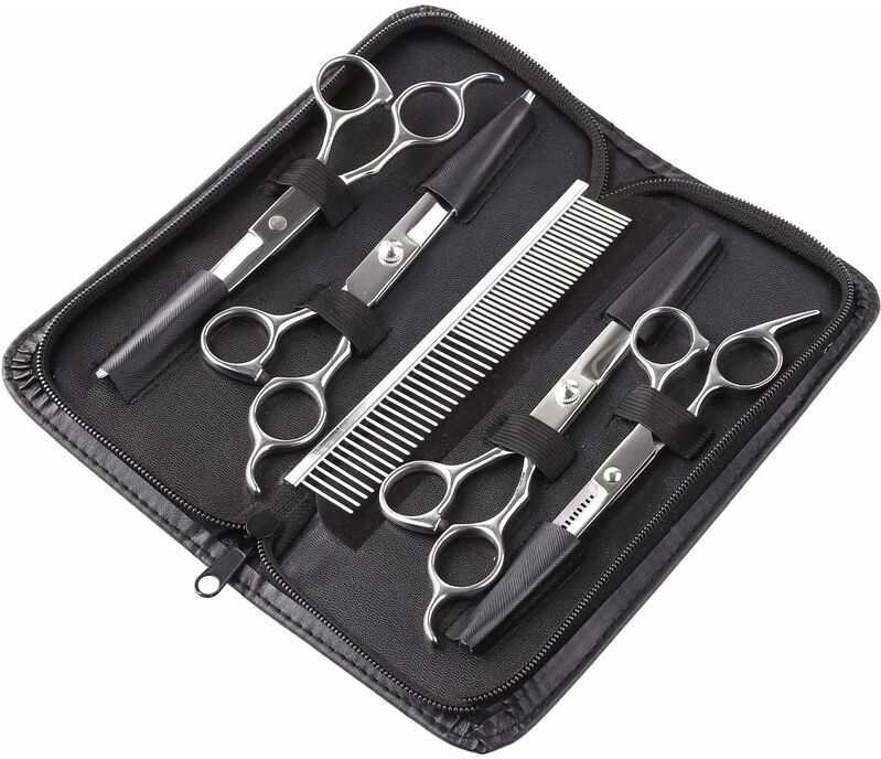 Briday - 5PCS Grooming Kit Stainless Steel Scissors with Pocket Comb, Cleaning Cloth for Dogs, Cats, and Pets for Body, Face, Ears, Muzzle, Durable,