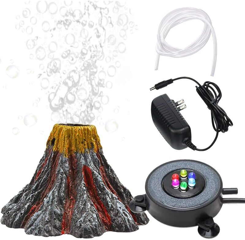 Alwaysh - Volcano Aquarium Decor Kit, Multicolor with led Light, Air Stone for Air Pump, Aquarium Accessories, Aquarium Decoration