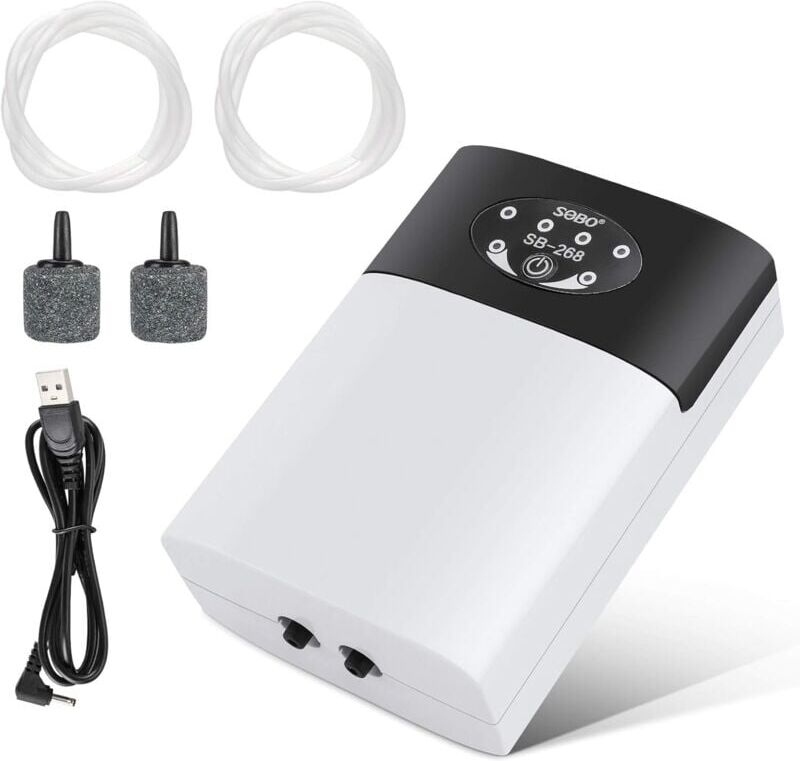 IKODM Aquarium Air Pump, Portable Aquarium Air Pump, usb Oxygen Pump, Silent Aquarium Bubbler, Oxygen Air Pump, Flow Rate 2 × 3L / Min, 2 Air Outlets