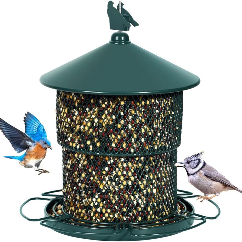 IKODM Bird Feeder, Outdoor Hanging Metal Wild Bird Feeder, Seed Capacity, Mesh Tube, Sunflower Seed Feeders, Garden Decoration, Green - RWMird Feeder