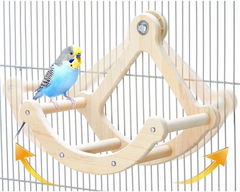 GROOFOO Bird Perch Toy, Interactive Rocking Parakeet Toys and Perches, Wooden Exercise Wheel Cockatiel Toys, Intelligence Puzzle Birds Enrichment Toy for