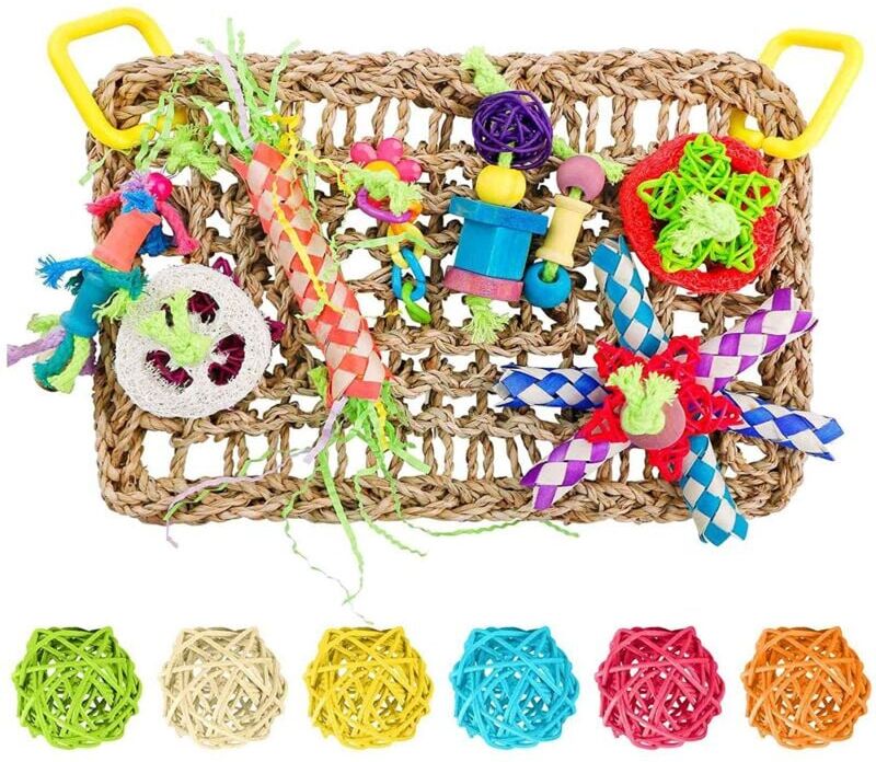 TLILY Bird Toys Parrot Foraging Wall Toy Rattan Wicker Bite Balls Colorful Seagrass Woven Climbing Chewing Hammock Mat