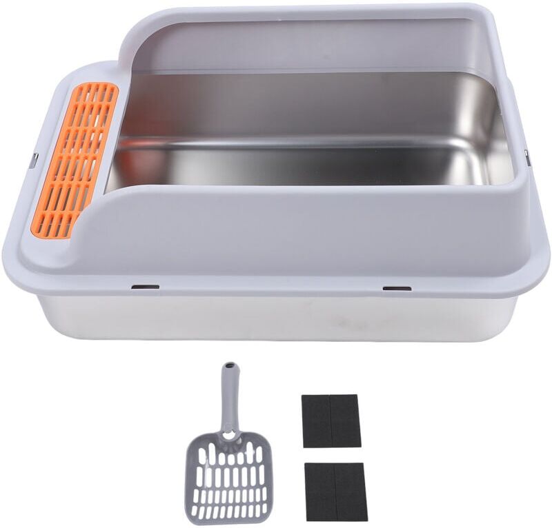 Groofoo - Cat Litter Box Stainless Steel Large Capacity Top Entry Anti Splashing Metal Litter Pan with Leakproof Mat for Pet Light Gray Extra Large