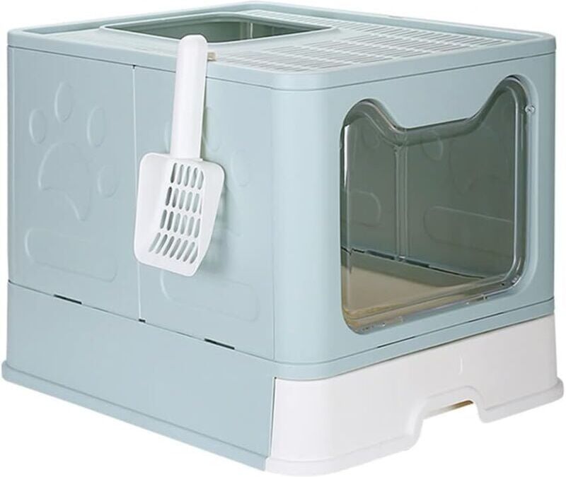 Longziming - Foldable Cat Litter Box with Lid, Hooded Cat Litter Box with Drawer Pan and Scoop, Odor Control Easy Clean Litter Box, Blue, 51 x 41 x