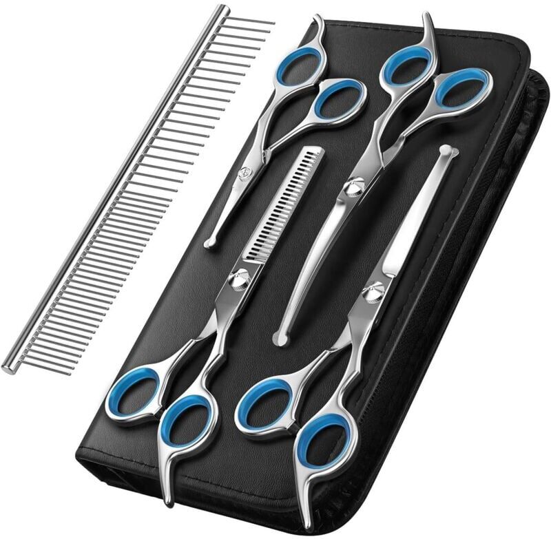 MEMKEY Dog Grooming Scissors, 5-Piece Pet Grooming Tool Set Made of Titanium Coated Stainless Steel, Thinning/Straight/Curved Scissors and Comb, Blue