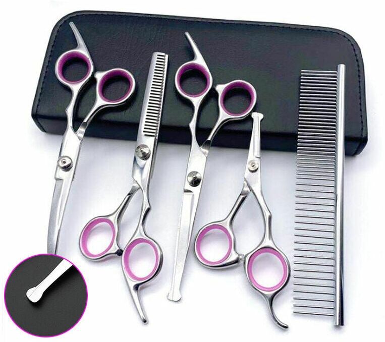 DEWDAT Dog Grooming Scissors Set with Safety Round Head, Professional Stainless Steel Grooming Scissors Set - Fine, Straight, Curved Scissors and Hair Combs