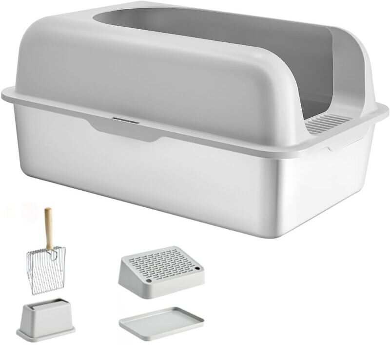 Mophorn - xl Stainless Steel Cat Litter Box, 6-Inch Deep, Odor-Free with Filtering Foot Board, Scoop, and High Sides, Easy to Clean, Ideal for Big