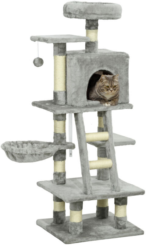 Pawhut - 132cm Multi-Activity Cat Tree w/ House, Bed, Ladder, Scratch Post - Grey