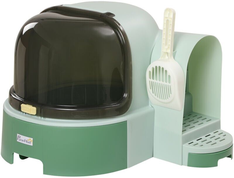 PawHut 2 In 1 Cat Litter Tray w/ Drawer Pans, Scoop, Openable Cover - Green