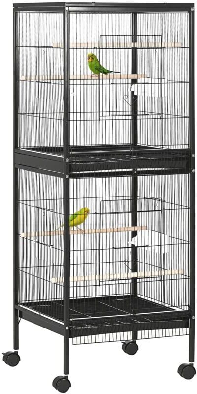 Pawhut - 2 In 1 Large Bird Cage Aviary with Wheels, Slide-out Trays Wood Perches