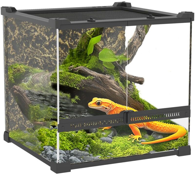 Pawhut - 24L Glass Terrarium, Reptile Vivarium with Stone Background, Black