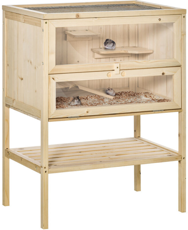 Wooden Hamster Cage w/ Storage Shelf, Openable Top for Gerbils Beige - Pawhut