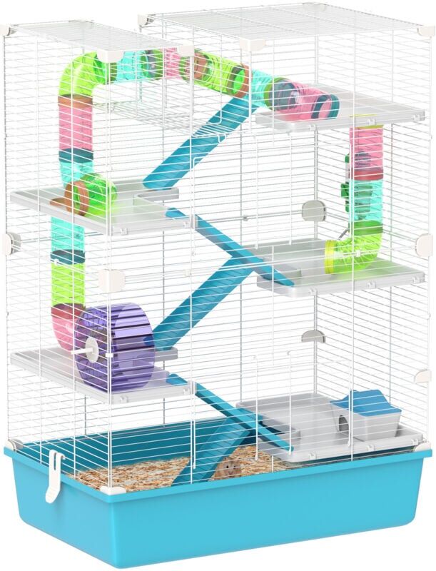 6 Tier Hamster Cage with Twin Tower and Accessories, Light Blue - Pawhut