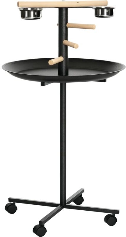 PawHut Metal Bird Table Play Stand, Bird Feeder Station with Wheels Feeding Bowl