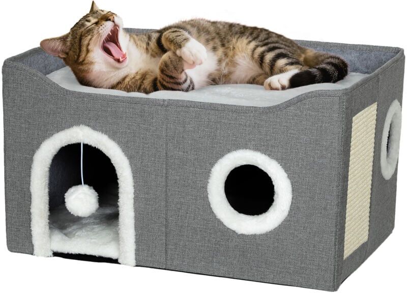 PawHut Cat Cave with Fluffy Ball and Scratch Pad for Indoor Pets