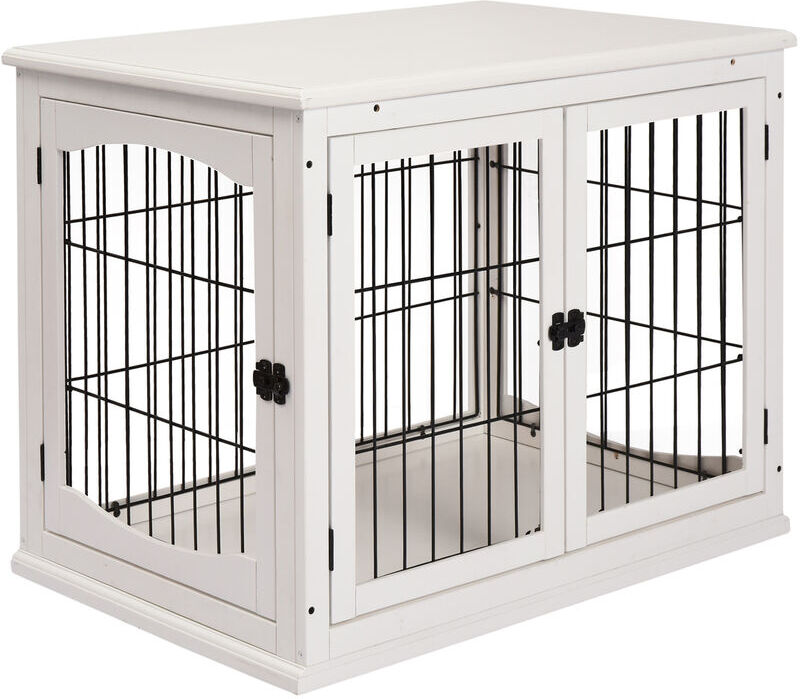 Pawhut - Dog Crate Furniture Style Puppy Cage End Table with 3 Doors for Small Dog White
