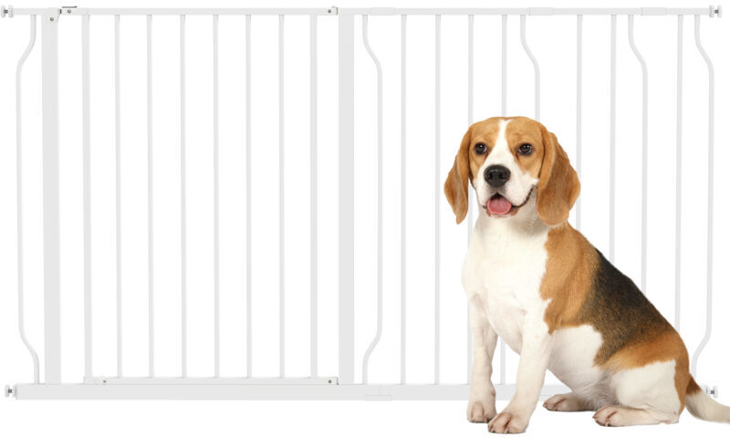 Dog Gate Wide Stair Gate w/ Door Pressure Fit Pets Barrier 76 Tall White 76H x 75-145W cm - Pawhut