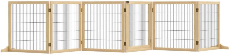 Pawhut - Freestanding Pet Dog Gate, Six-Panel Foldable Wooden Playpen, 432cm Natural