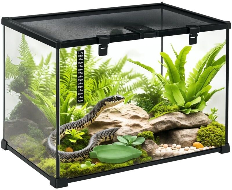 PawHut Glass Reptile Terrarium Insect Breeding Tank with Thermometer for Lizards Large