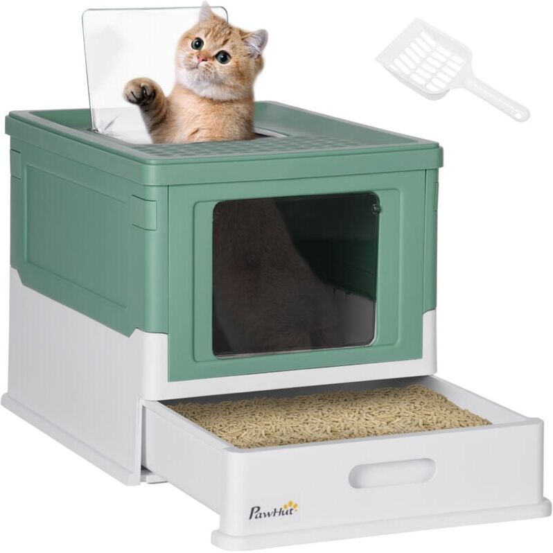 Pawhut - Hooded Cat Litter Box, Portable Pet Toilet w/ Tray, Scoop, Front Entry Green