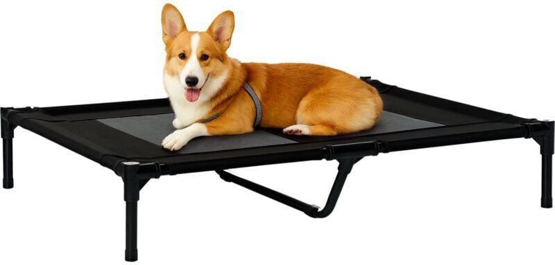 PawHut Large Raised Dog Bed Cat Elevated Lifted Cooling Portable Camping Basket Outdoor Indoor Mesh Pet Cot Metal Frame Brown Black