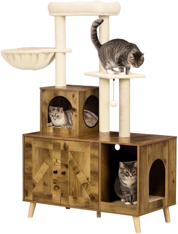 Pawhut - Litter Box Enclosure with Cat Tree Tower, Hammock, Cushion