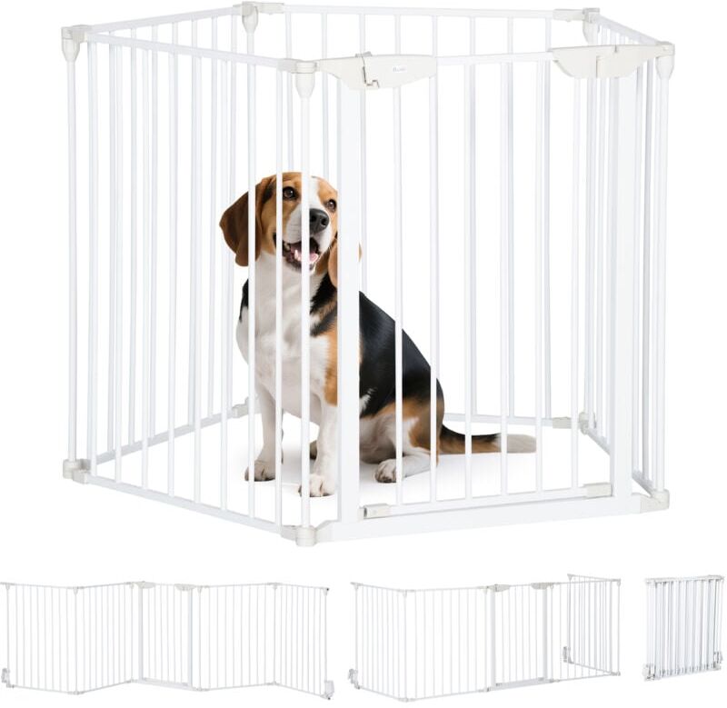 Pawhut - Pet Safety Gate 5-Panel Playpen Fireplace Metal Fence Stair Barrier White