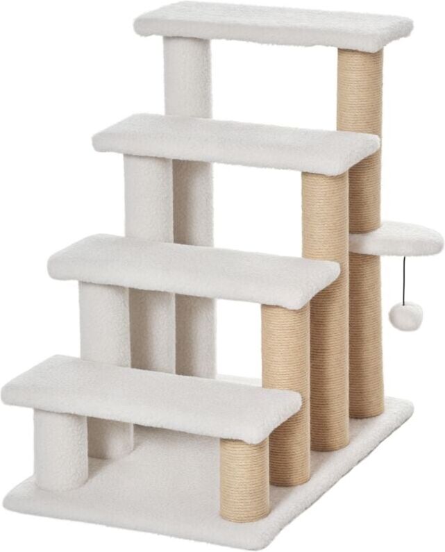 Pawhut - Pet Stair with Climb Ladder, Scratching Posts, Platforms, Toy Ball, for Indoor Elderly Cats Kittens, White 4-step