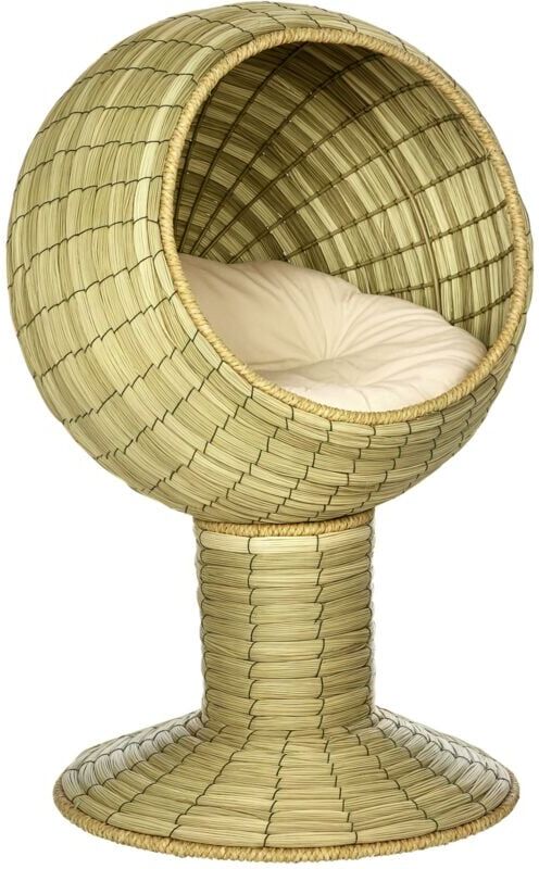 Pawhut - Raised Cat House, Natural Mat Grass Cat Bed w/ Stand Cushion, Φ41x 69 cm