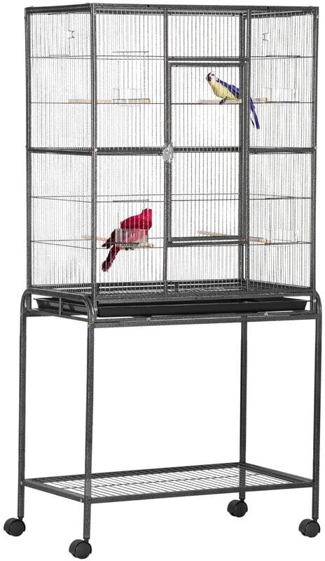 Pawhut - Rolling Bird Cage w/ Detachable stand Storage Shelf Wood Perch Food Cup