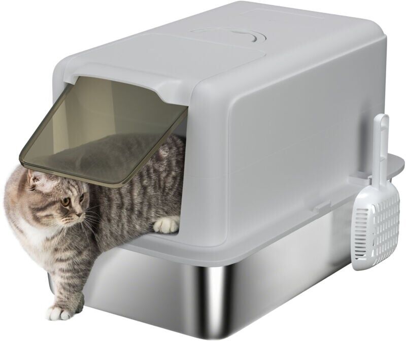 Pawhut - Stainless Steel Cat Litter Box with Removable Lid, Scoop, Grey