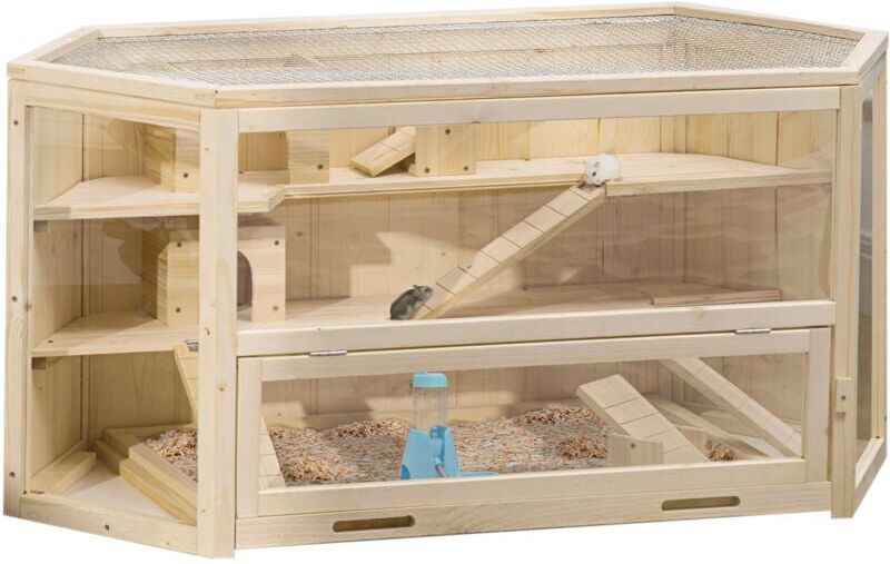 Pawhut - 3 Tier Wooden Hamster Cage Gerbil Play Centre w/ Sliding Tray Ramps