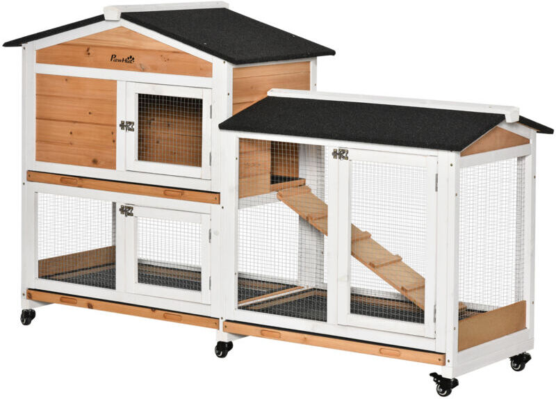 Pawhut - Rabbit Hutch Outdoor and Run Wooden Guinea Pig Hutch Bunny Cage w/Wheels Yellow