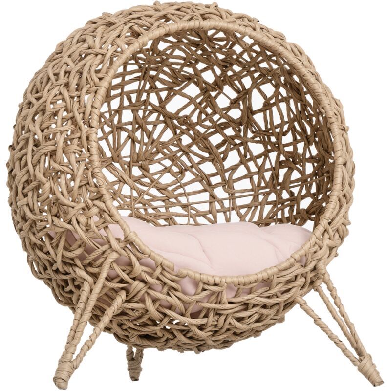 Pawhut - Wicker Cat House, Ball-Shaped Rattan Raised Cat Bed Natural